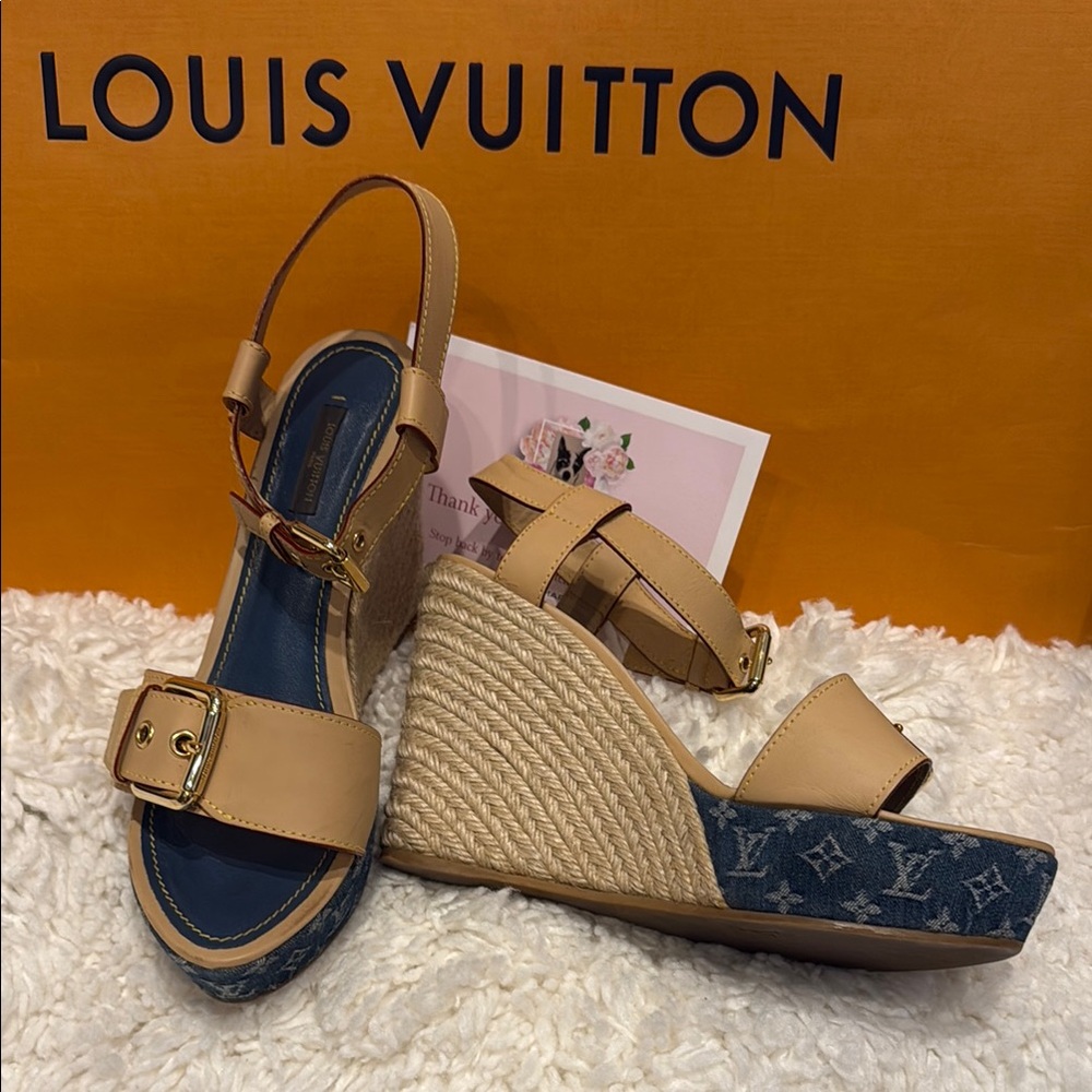 Louis Vuitton Tan and Blue Wedge Shoes